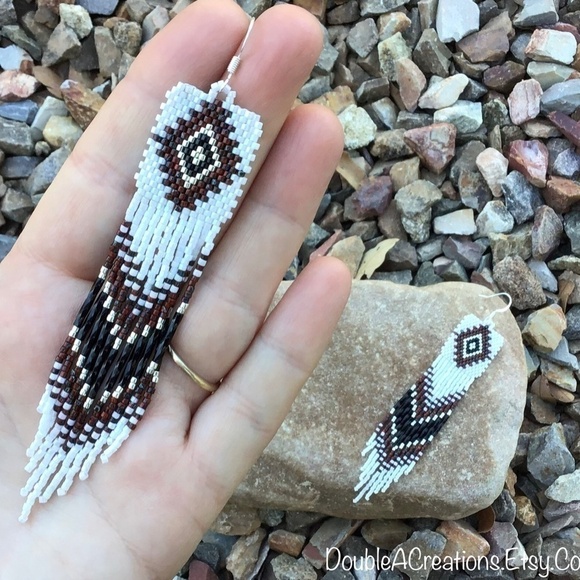 Picasso Red and Black Native Diamond Beaded Earrings with Long Fringe, H… - Picture 6 of 7